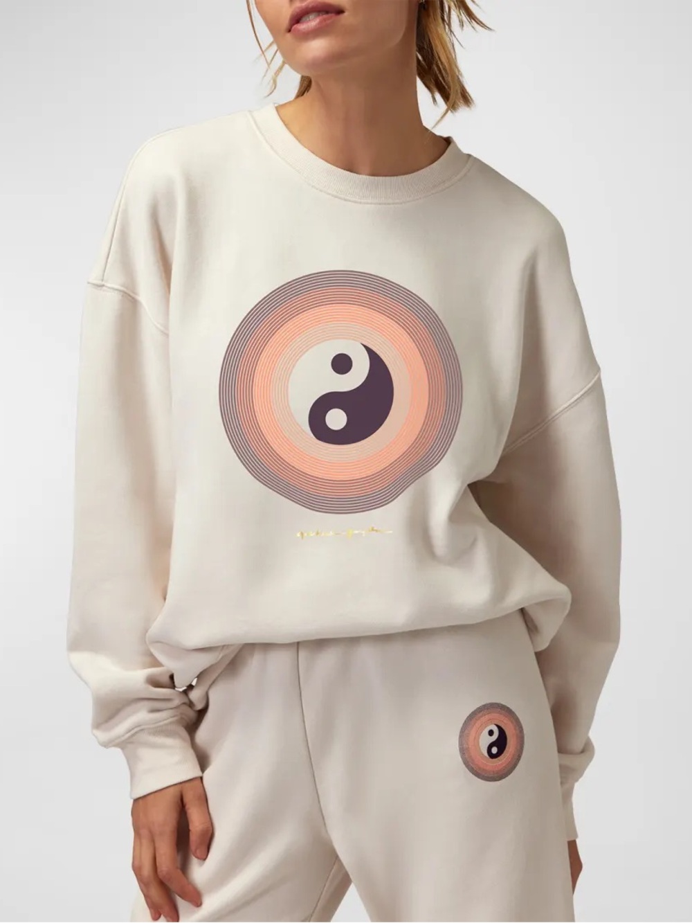 Spiritual Gangster Yin Yang Gold Logo Sweatshirt in White Sand